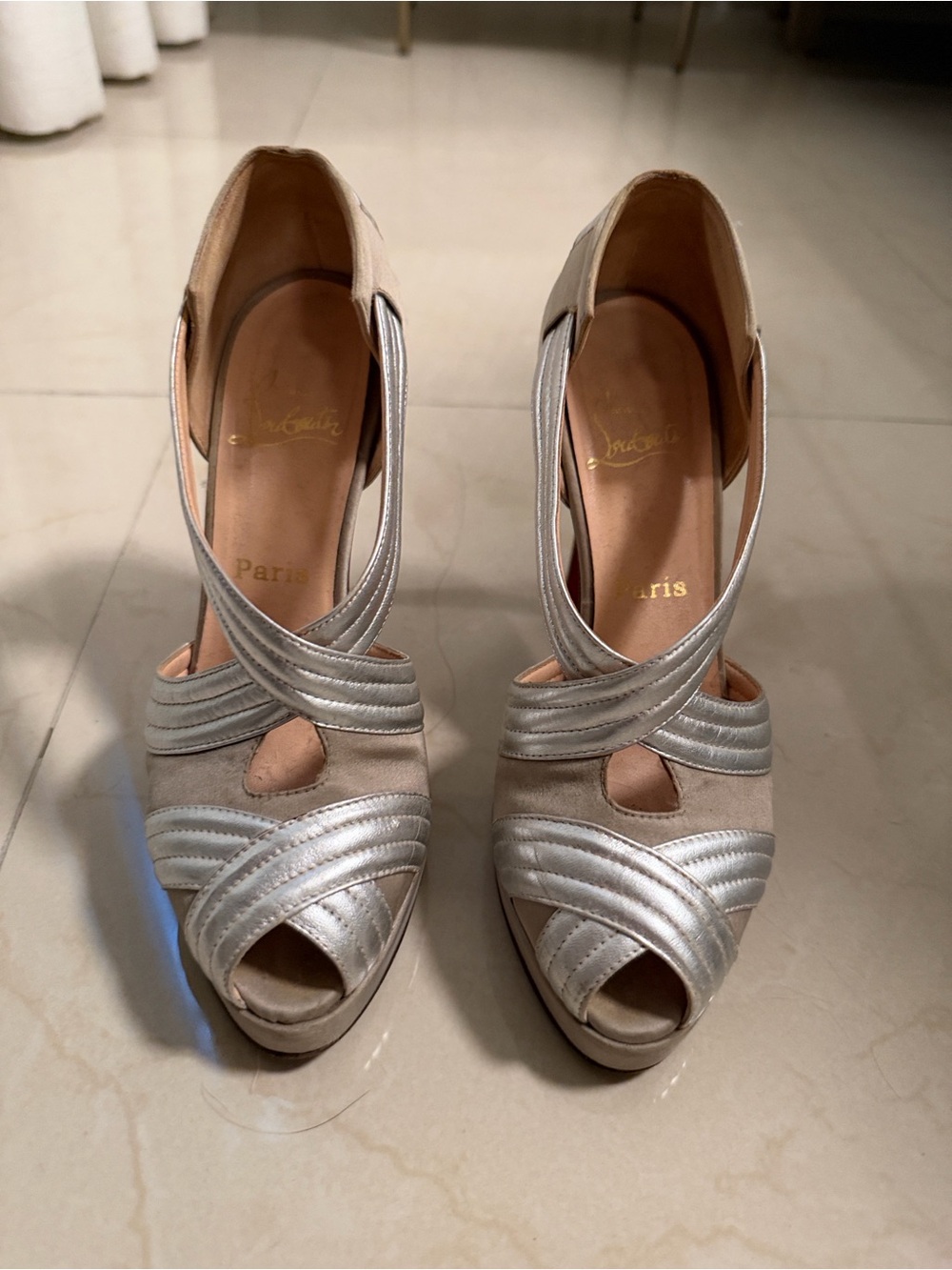 Christian Louboutin Silver & Beige Peep-Toe Platform Heels
